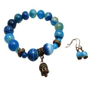 Buddha Marine Blue Agate 12mm, 7 in. Bracelet & Earrings Set w/ Copper Findings